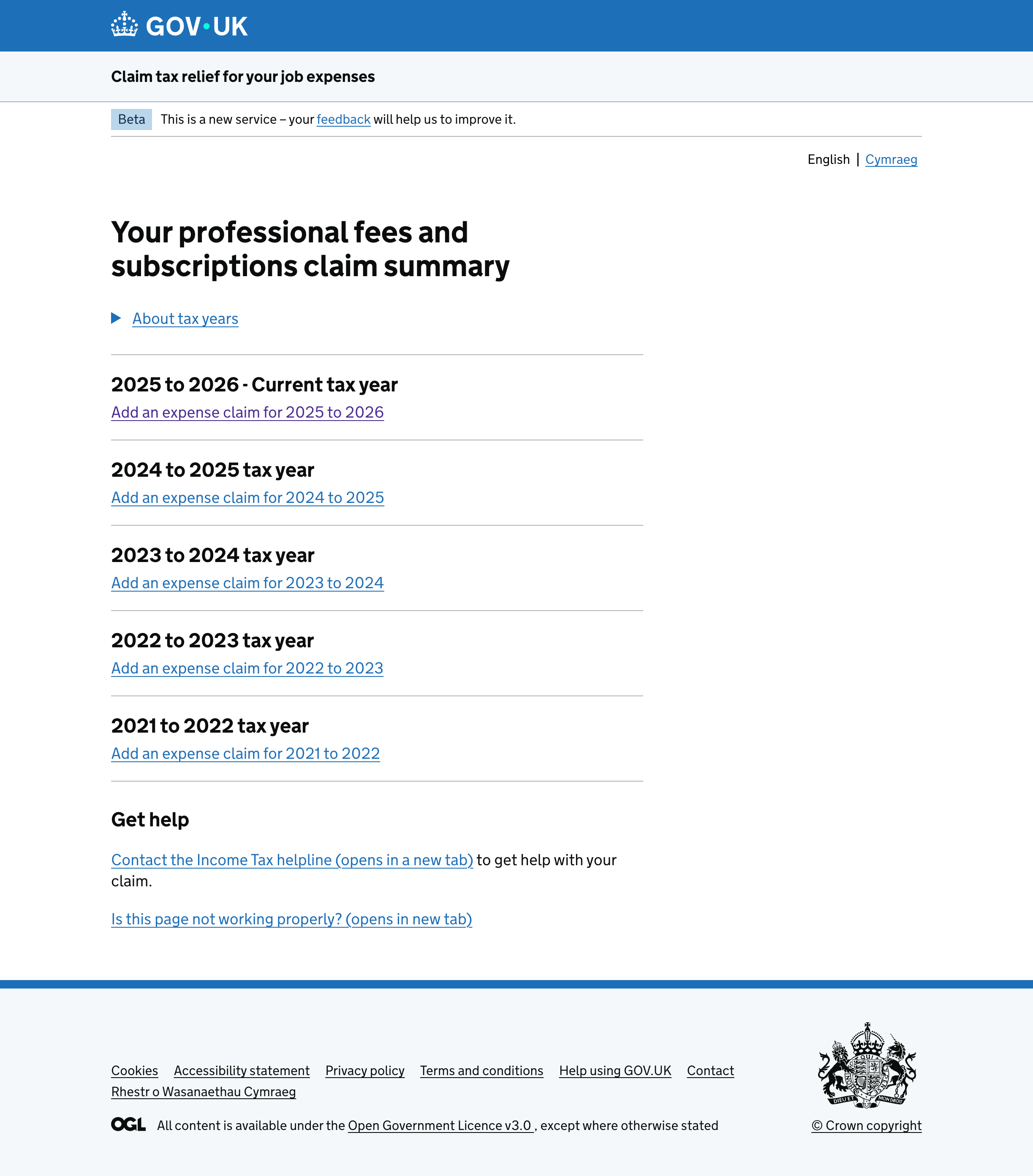 Claim summary from the Claim tax relief for PAYE expenses service